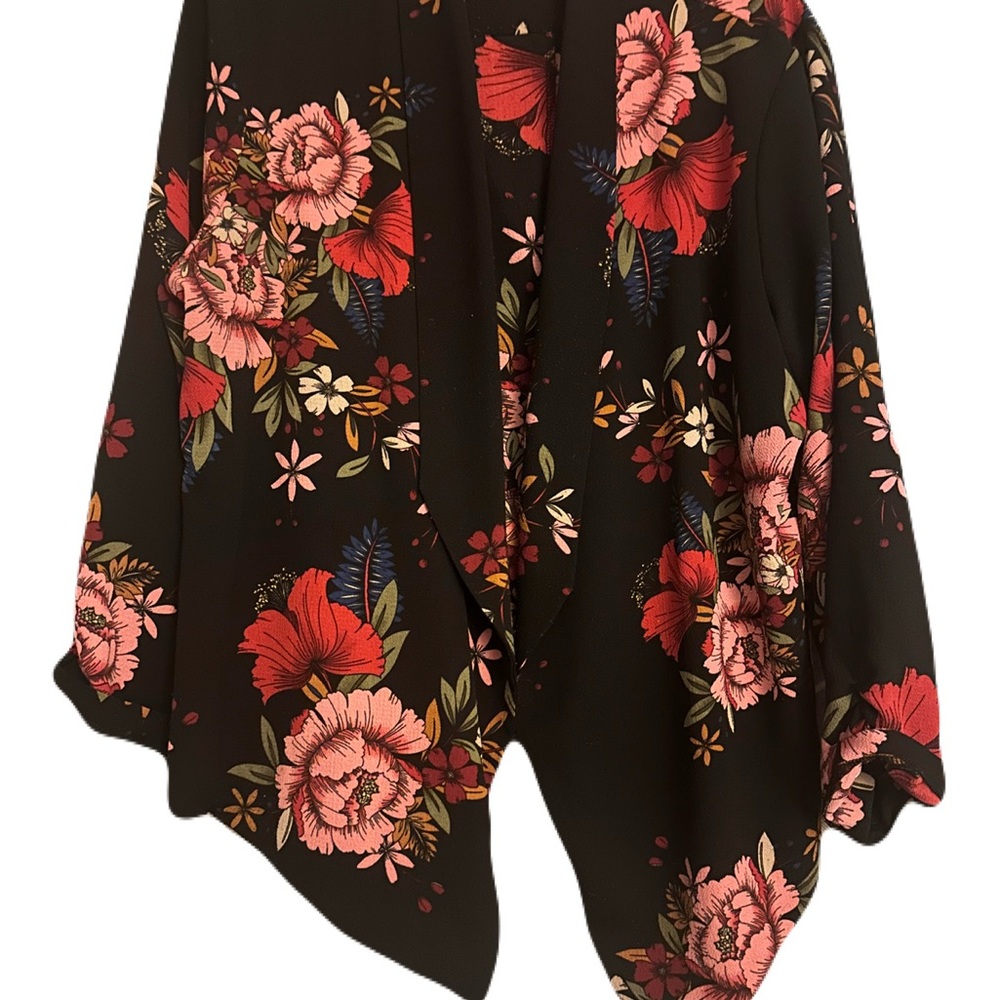Black and Pink Asymmetrical Floral Blazer with 3/4 Bell Sleeves